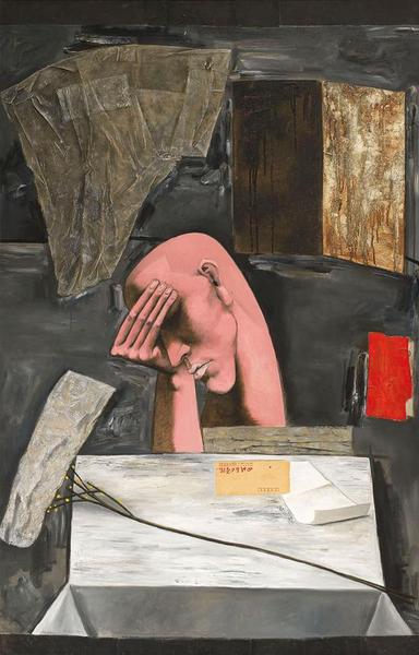 张晓刚  黑色三部曲：忧郁 油彩 拼贴 画布 1990年作 香港佳士得2016春拍  成交价：844万港币