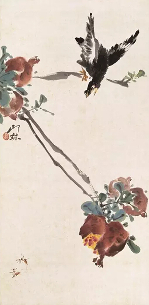 萧朗《石榴八哥图》