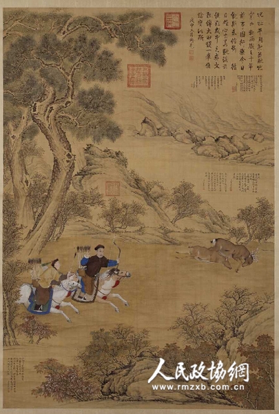 《一箭双鹿图》轴 清