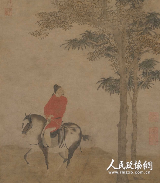 《挟弹游骑图》轴（局部） 元