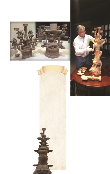 汉代陶制七头油灯。十三头的西王母油灯是“镇馆之宝”。陈履生现场安装布置。
