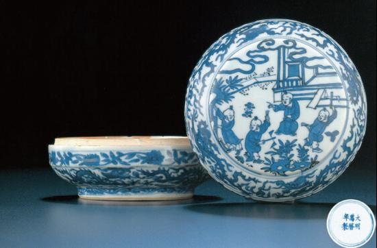 明万历 青花婴戏图圆盒