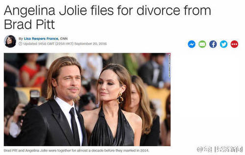 【CNN:安吉丽娜·朱莉申请和布拉德皮特离婚】据CNN消息，本周一，美国好莱坞巨星夫妇安吉丽娜·朱莉已经向丈夫布拉德-皮特提出离婚申请，同时她要求对6位子女拥有抚养权，给予布拉德-皮特探视的权利。据报道，安吉丽娜-朱莉提出离婚申请的文件显示，夫妻二人已经于9月15日正式分居。