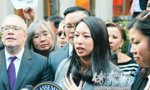 州众议员第65选区候选人牛毓琳发言。(美国《侨报》/管黎明 摄)