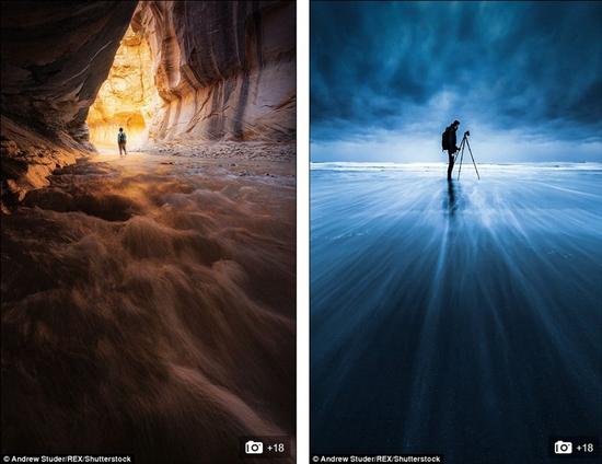 左图：锡安国家公园的清晨徒步；右图：斯图德独自在冰岛拍摄。