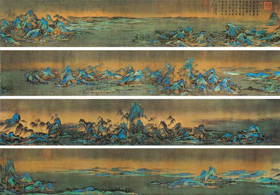 王希孟《千里江山图》，绢本青绿设色，纵51.5厘米、横1191.5厘米，北京故宫博物院藏