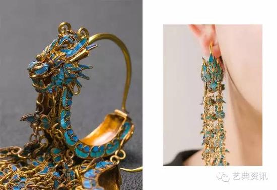 实物拍摄 清代-点翠龙形耳环