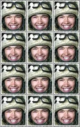 史蒂夫·麦奎因的作品《女皇与国家》，由一个带有纵向抽屉的大型陈列柜组成，每个抽屉面板上是一整版阵亡士兵的头像邮票。