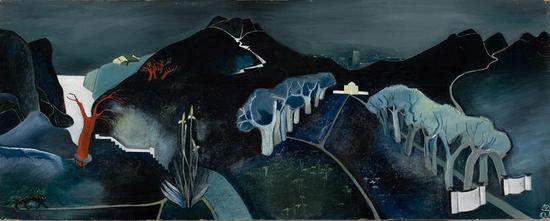 　　Tove Jansson， Mysterious Landscape， c。 1930， Oil on plywood， 61 x 152.5 cm， Ateneum Art Museum。 Photo： Finnish National Gallery / Hannu Aaltonen