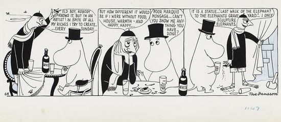 　　Tove Jansson， Comic strip Moomin on the Riviera， 1955， British Cartoon Archive， University of Kent。 Photo： Finnish National Gallery / Jenni Nurminen