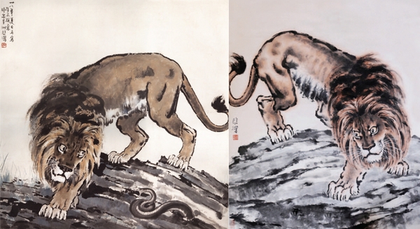 左图为徐悲鸿《侧目》真迹111×109cm 右图为《侧目》伪作
