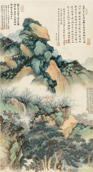 　　附图5、吴湖帆1937年作、1945年作 锦绣奇峰 立轴（2016年11月嘉德4082.5万成交，香港1993年春季拍卖会以68万港币成交，创下纪录）