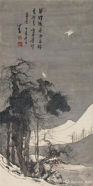 　　附图8、溥心畬乙亥（1935年）作 寒林白鹭 立轴 设色绢本尺幅73×37厘米（2016年11月嘉德299万元成交）