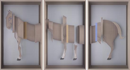 《白马非马》 155x95厘米x3 绢本绘画装置 2015年