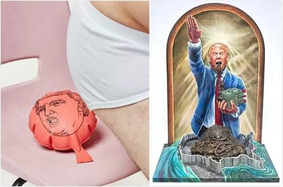 左图是特朗普屁垫，右图是讽刺特朗普乃当代希特勒的漫画。