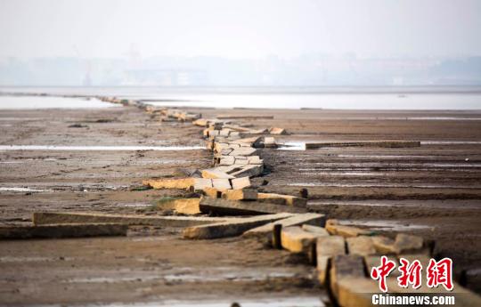 　　“千眼桥”位于鄱阳湖都昌县多宝乡至庐山市的湖床上，曾经是两地民众冬季便捷往来的要道，远处依稀可见城市的轮廓。12月23日摄 傅建斌 摄