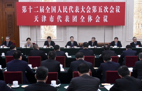 3月6日，中共中央政治局常委、国务院副总理张高丽参加十二届全国人大五次会议天津代表团的审议。  新华社记者 燕雁 摄