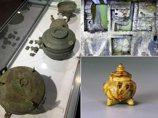 拼版图片，左：成都市青白江区大弯镇双元村发掘出土的青铜器；右上：成都市青龙街一工地发现的摩诃池西北角遗址；右下：邛窑精品邛三彩香炉。