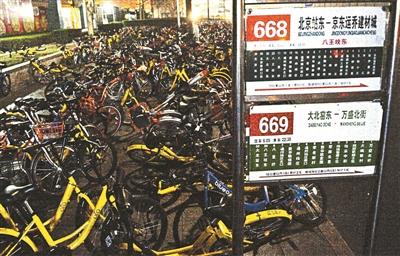 昨天凌晨，共享单车“围困”公交车站 摄影/本报记者 陈志强