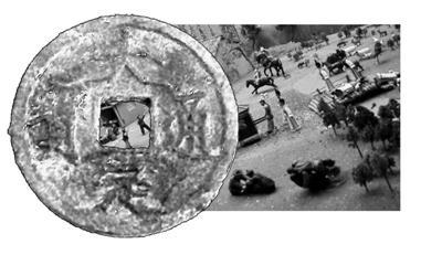 　　展现金人生活场景的雕塑和金代货币。