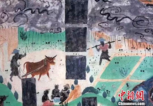 图为莫高窟23窟壁画雨中耕作(盛唐)。敦煌研究院供图 摄