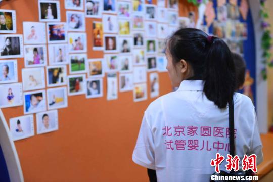 图为当日一名母亲正在观看墙上的“试管宝宝”照片?！⌒煺谆?摄