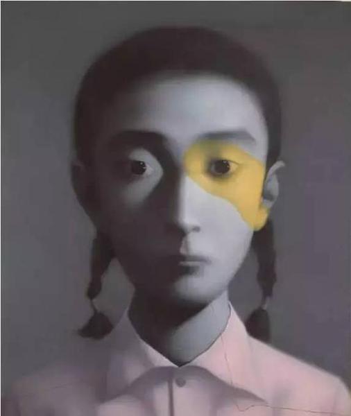 张晓刚，《穿粉红色衬衣的女孩》，布面油画，200 x 160cm，2006年