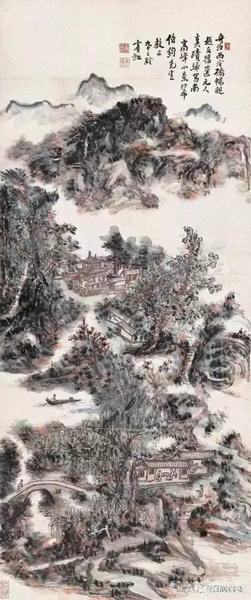 黄宾虹 南高峰小景 设色纸本 &nbsp;177.5x74cm 1955年作