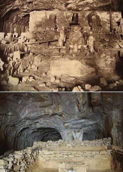 睒子洞。上图为帕金斯基1912年拍摄，下图Eileen Hsiang-Ling Hsu博士2008年拍摄。