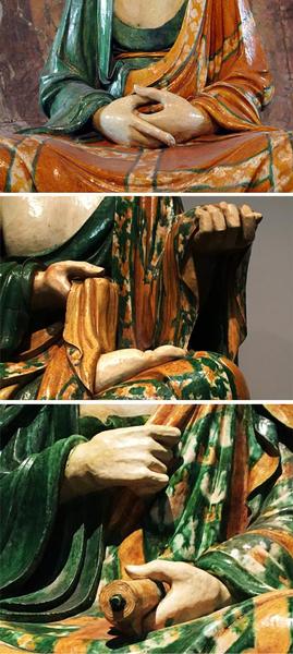 罗汉像手部局部。分别收藏于大英博物馆、大都会（年轻和老的罗汉）。