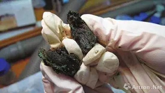 　　考古人员拿出一块掰开，结果发现里面有白色的弹性肌腱膜和一根一根的肉丝。经过几个月不断的测试，最终鉴定为黄牛肉。