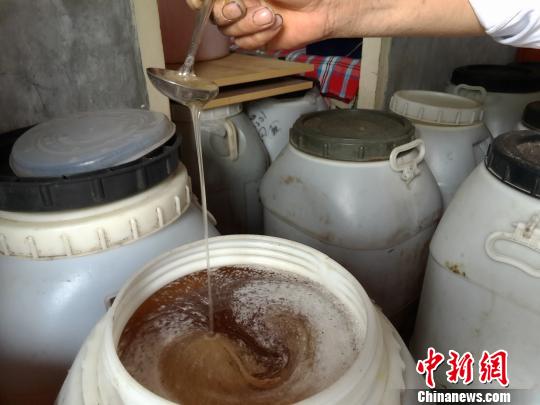 图为蜂农李虎云查看家中储藏的一桶桶蜂蜜。　韩章云 摄