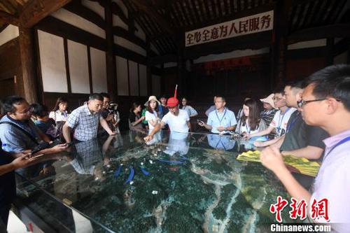 参加活动的记者在福建龙岩市长汀县南山镇的红军长征出发地——中复村采访?！≌疟?摄