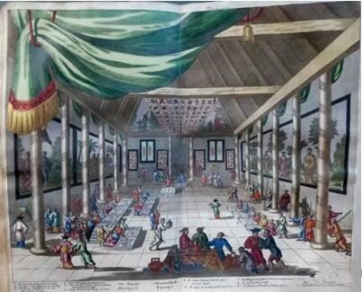 《荷兰人在北京宴席图》 1662年，彩色版画，Olfert Dapper,GedenkwaerdigBedrijf, 1670年