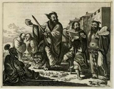 张道陵，李铁拐，钟离权等图像的版画模本，在于Olfert Dapper,Gedenkwaeardig Bedrijf, 1670年