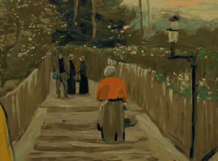 看到动图里穿红色外套的妇人了么？出自《蒙马特的小坡路》。▼