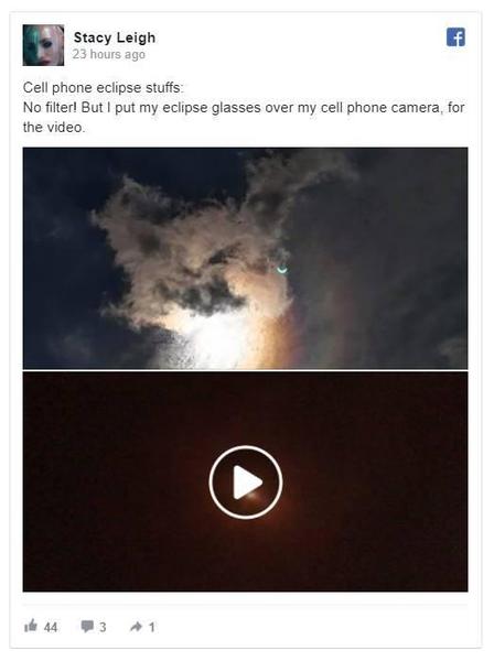 “手机拍摄：没有用滤镜！我将观看日全食专用的眼镜放在手机镜头前拍摄的”。图片：Stacey Leigh的Facebook
