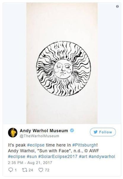 “匹兹堡的日食时间到了！安迪·沃霍尔，《Sun with Face》，n.d?！薄Ｍ计篈ndy Warhol Museum的Instagram