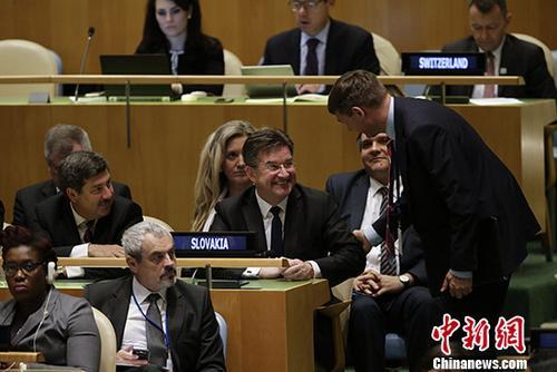 当地时间5月31日，第71届联合国大会正式选举斯洛伐克外长米罗斯拉夫·莱恰克为第72届联合国大会主席。莱恰克将于今年9月12日新一届联大开幕时上任。图为与会者向莱恰克致意。 <a target='_blank' href='http://www.chinanews.com/'>中新社</a>记者 廖攀 摄