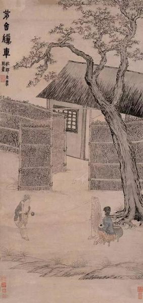 金农《茅舍缫车》，纸本镜心，清代