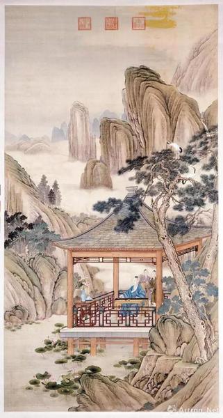 清人《弘历观荷抚琴图》轴