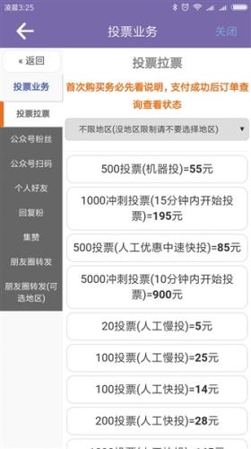 一款刷票APP的业务页面，按投票数量、投票方式、投票快慢、投票时间等明码标价。