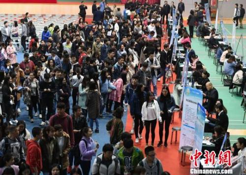 资料图：众多大学生扎堆招聘现场求职?！⊙罨?摄