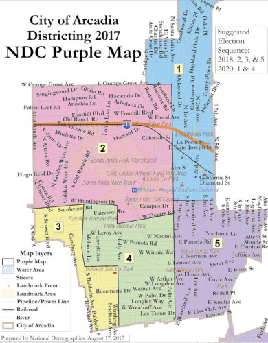 紫色分区图的两个选区华人人口比例在60%以上。(美国《世界日报》)