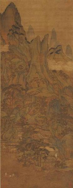 胡廷晖《春山泛艇图》 绢本，青绿设色，纵143cm，横55.5cm，北京故宫博物院藏