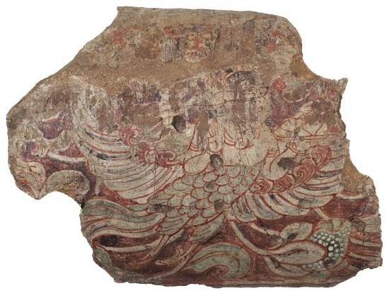 图6 德国柏林亚洲艺术博物馆馆藏库木吐喇窟群区第16窟主室侧壁枭混线上迦陵频伽（照片由柏林亚洲艺术博物馆提供，编号Ⅲ 4444，Jürgen Liepe摄影 ）