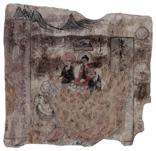 图7 德国柏林亚洲艺术博物馆馆藏库木吐喇窟群区第16窟主室左侧壁观无量寿经变之韦提夫人请佛图（照片由柏林亚洲艺术博物馆提供，编号Ⅲ 9374，Jürgen Liepe摄影 ）