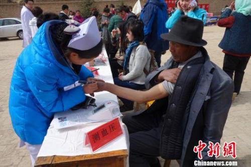 资料图：医疗志愿服务队对当地群众测量血压?！∷镱?摄