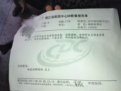 学生被诊断为肺结核的报告单。受访者供图