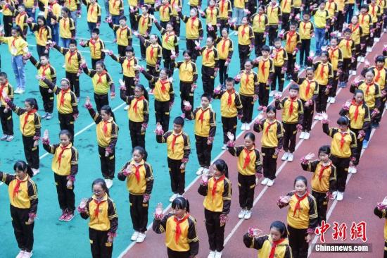 11月14日，贵阳市兴关小学学生在课间做戏曲广播操。。 <a target='_blank' href='http://www.chinanews.com/'>中新社</a>记者 贺俊怡 摄